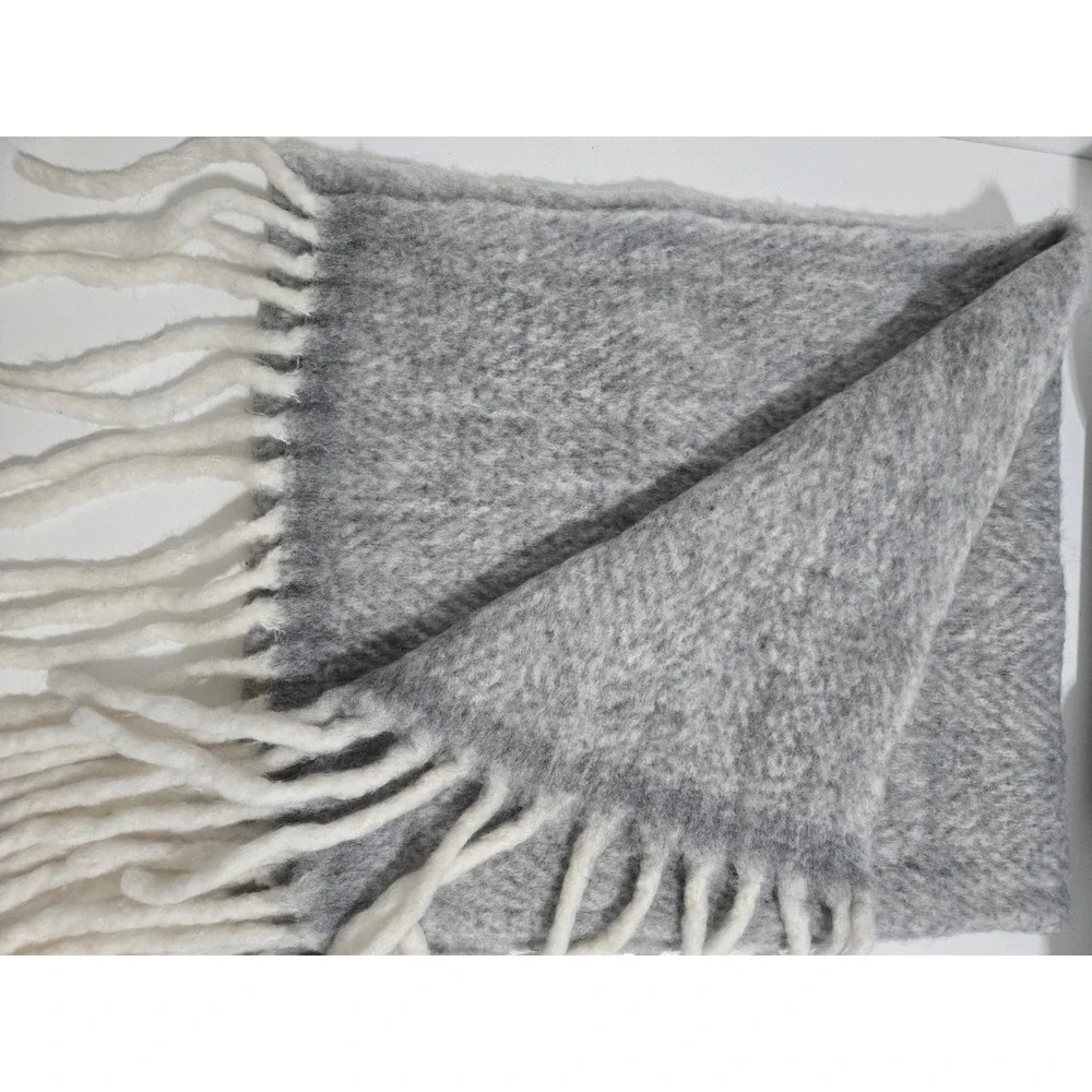 Lassesor Gray Herringbone Wool Blend‎ Scarf with Fringe